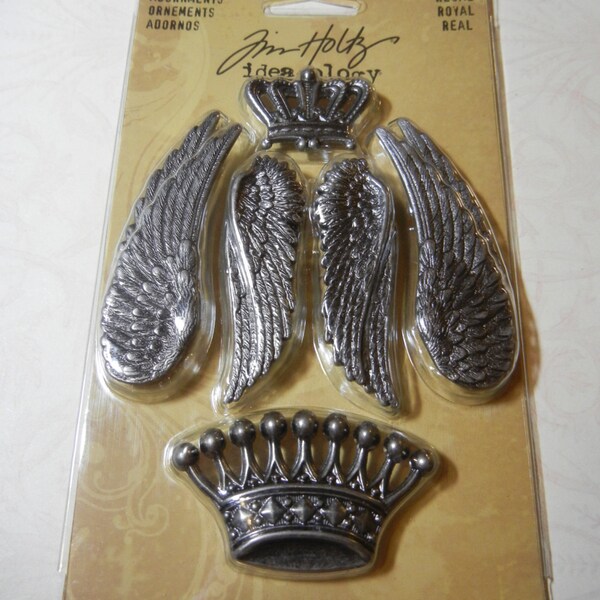 Tim Holtz Idea-ology adornments 10 metal embellishments crowns and wings