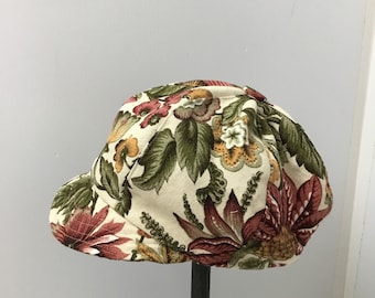 Summer newsboy, slouchy cap,  linen look cotton newsboy cap ,autumn tones womens floral cap, lined, average size, adjustable,