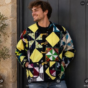 Handmade patchwork winter jacket, unisex, colourful black and yellow, boxy style