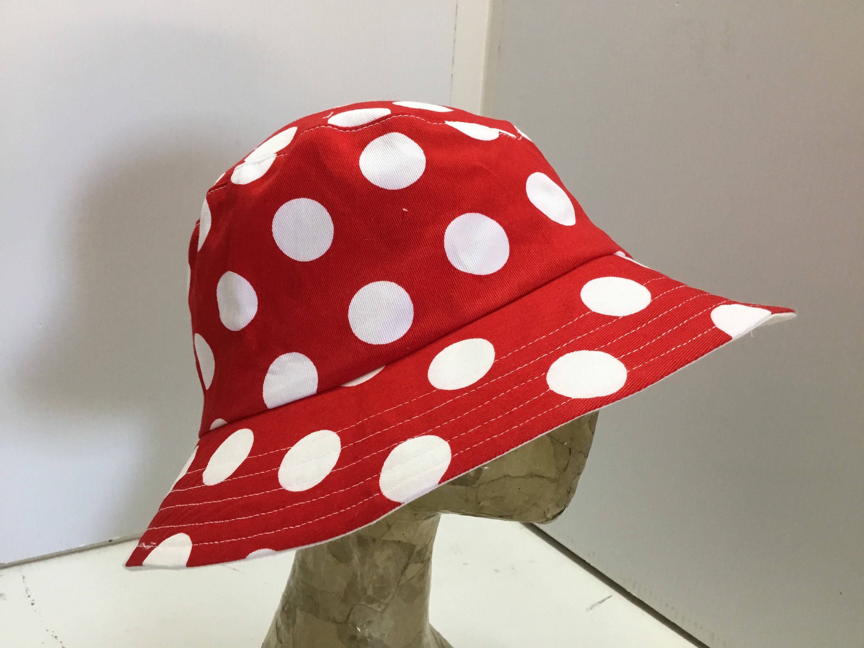 Womens bucket hat 39 red white spot sunhat casual washable Etsy