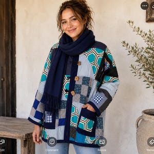 Handmade patchwork winter jacket, unisex, colourful blues, torquoise boxy loose fit.