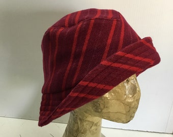 Winter Cloche hat,bucket hat, handmade winter hat, womens red striped wool cloche hat, twenties style bucket hat, upcycled fabric