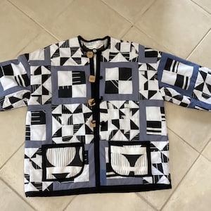 Handmade patchwork winter jacket, unisex, colourful black grey and white