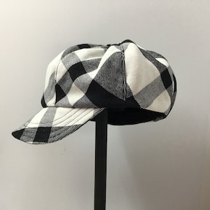 Unisex newsboy cap black white check slouchy cap, handmade cap with visor, cotton all seasons, gift for husband, average to large