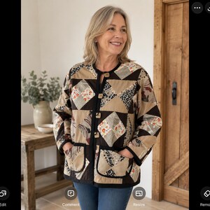 Handmade Patchwork Cotton Jacket, browns and cream patches. Thigh Length, Long Sleeves, Lined  size Medium