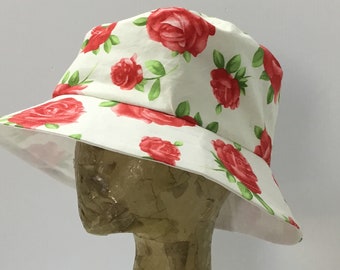 Red Rose Print Cotton Bucket Hat, Adjustable Summer Sunhat