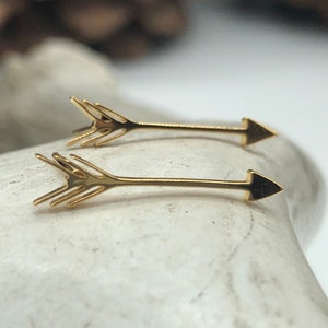以下が含まれることがあります： 金色の矢印型のピアス2つ。 ピアスは小さく繊細で、矢の後ろに羽根のデザインが施され、先端が尖っています。 明るい色のテクスチャのある表面に展示されています。