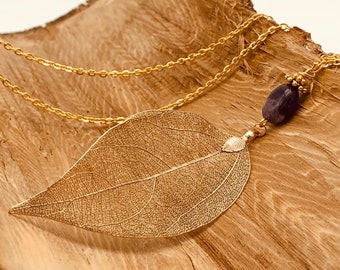 Gold Real Leaf Necklace, Amethyst, Gold Leaf Pendant, Gold Leaf Pendant, Gold Electroplated Leaf, Delicate Leaf Necklace, Leaf Jewelry