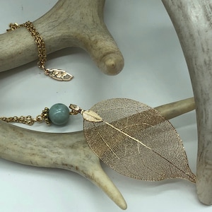Gold Real Leaf Necklace, Blue Stone, Fossilized Coral, Gold Leaf Pendant, Gold Electroplated Leaf, Delicate Leaf Necklace, Leaf Jewelry