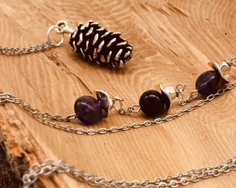 Pinecone Necklace, Amethyst, Pinecone Pendant, Nature Jewelry, Long Necklace, Gift ideas, Birthstone necklace, Bridesmaid gift, Customizable