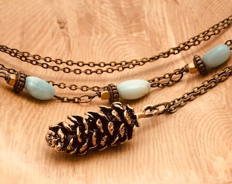 Pinecone Necklace, Amazonite, Large Pinecone, Acorn Necklace, Pine Cone Necklace, Bronze Pinecone Pendant, Inspired by Nature