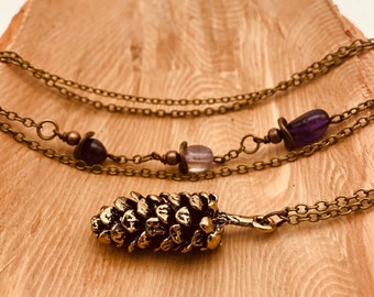 Bronze Pinecone Necklace, Amethyst, Pinecone Jewelry, Long Pinecone Necklace, Acorn Necklace, Pine Cone Necklace, Gift for her