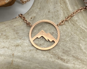 Rose Gold Circle Mountain Necklace, Pink Mountain Necklace, Snowy Peak, Dainty Mountain Necklace