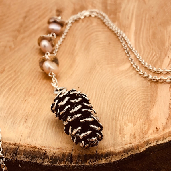 Silver Pinecone Necklace, Pink Pearls, Pinecone Pendant, Bridesmaid Gift, Nature Jewelry, Natural, Silver Acorn Necklace, Handmade Gifts
