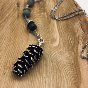 Woodsy Pinecone Necklace, Green Jasper, Natural Earthy Necklace, Large Pinecone Pendant, Pine Cone Necklace, Silver Woodland Necklace