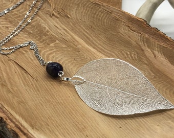 Real Leaf Necklace with Amethyst, Long Real Leaf Necklace, Silver Filigree Leaf, Hippie Leaf Necklace, Boho Leaf Necklace, Customizable