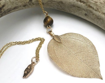 Real Leaf Necklace w/ Tiger's Eye, Natural Leaf Necklace, Gold Leaf Pendant, Delicate Gold Necklace, Real Leaf Jewelry, Electroplated Leaf