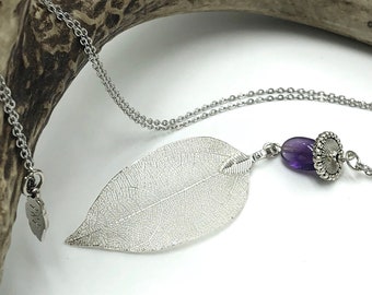 Silver Leaf Necklace w/ Amethyst, Filigree Leaf Necklace, Real Leaf Necklace, Nature Style, Amethyst Jewelry, Anniversary Gift, Purple Stone