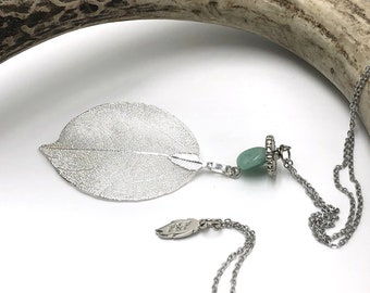 Real Leaf Necklace with Amazonite, Electroplated Leaf, Long Leaf Necklace, Gift ideas, Handmade Necklace, Filigree Leaf Pendant, Real Leaf