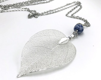 Silver Leaf Necklace w/ Sodalite, Filigree Leaf Necklace, Real Leaf Necklace, Nature Style, Stone Jewelry, Anniversary Gift, Blue Stone