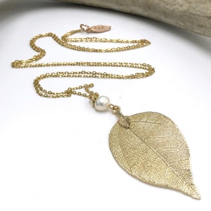Gold Real Leaf Necklace, White Freshwater Pearl, Gold Leaf Necklace, Nature Gifts, Long Leaf Necklace, Gift Ideas for Her, Leaf Pendant image 1