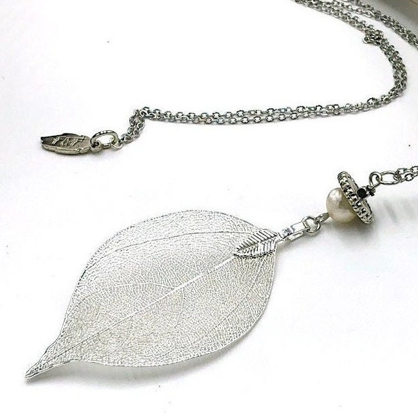 Real Leaf Necklace with White Pearl, Long Real Leaf Necklace, Silver Filigree Leaf, Hippie Leaf Necklace, Boho Leaf Necklace, Customizable