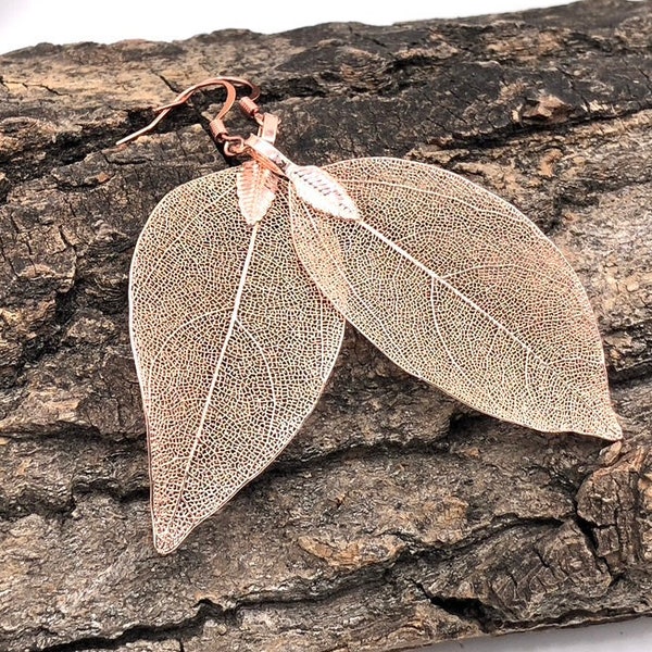 Rose bladgoud oorbellen, echte blad oorbellen in rosé goud, natuurlijke blad sieraden, bruiloft sieraden, cadeau voor haar, gegalvaniseerde blad oorbellen