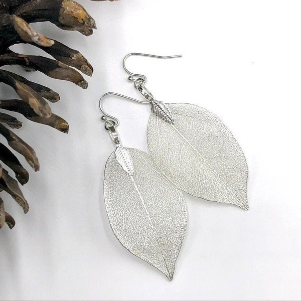 Stunning Real Leaf Earrings in Silver, Natural Leaf Earrings, Silver Leaf Earrings, Big Summer Earrings, Unique Nature Jewelry for Women