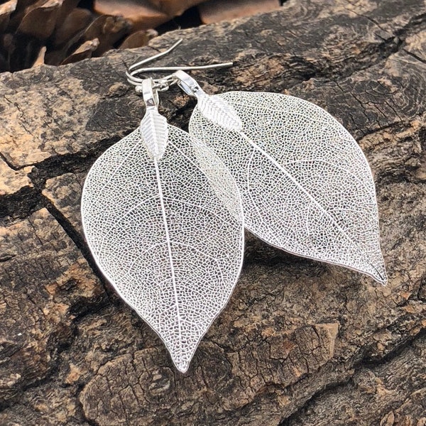 Silver Leaf Earrings, Real Leaf Earrings in Silver, Natural Jewelry, Wedding Jewelry, Gift for Her, Silver Plated Leaf Earrings, Real Leaves