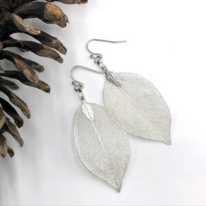 Silver Leaf Earrings, Real Leaf Earrings in Silver, Natural Jewelry, Wedding Jewelry, Gift for Her, Silver Plated Leaf Earrings, Real Leaves image 2