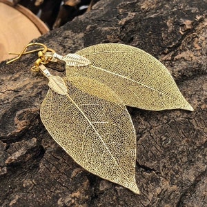 Gold Leaf Earrings, Real Leaf Earrings in Gold, Natural Jewelry, Wedding Jewelry, Gift for Her, Gold Plated Leaf Earrings, Real Gold Leaves