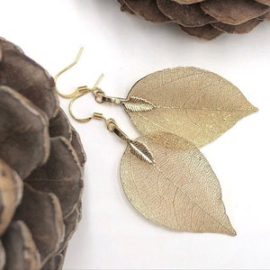Gold Leaf Earrings, Real Leaf Earrings in Gold, Natural Jewelry, Wedding Jewelry, Gift for Her, Gold Plated Leaf Earrings, Real Gold Leaves image 2