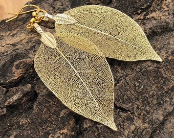 Blattgold Ohrringe, Echtes Blatt Ohrringe in Gold, Naturschmuck, Hochzeitsschmuck, Geschenk für Sie, Vergoldete Blatt Ohrringe, Echtes Blattgold