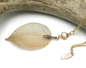 Real Leaf Necklace with Pink Pearl, Real Leaf Necklace, Boho Leaf Pendant, Gold Leaf Necklace, Electroplated Leaf, Champagne Pearl