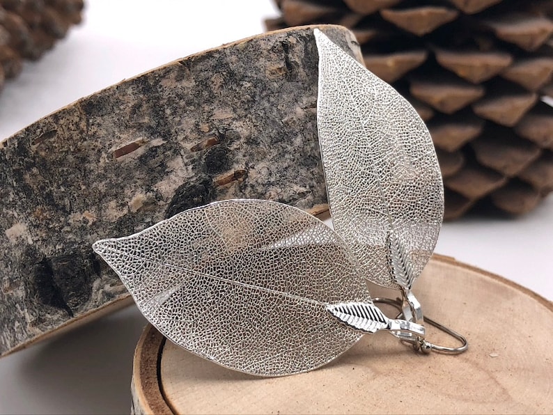 Silver Leaf Earrings, Real Leaf Earrings in Silver, Natural Jewelry, Wedding Jewelry, Gift for Her, Silver Plated Leaf Earrings, Real Leaves image 5