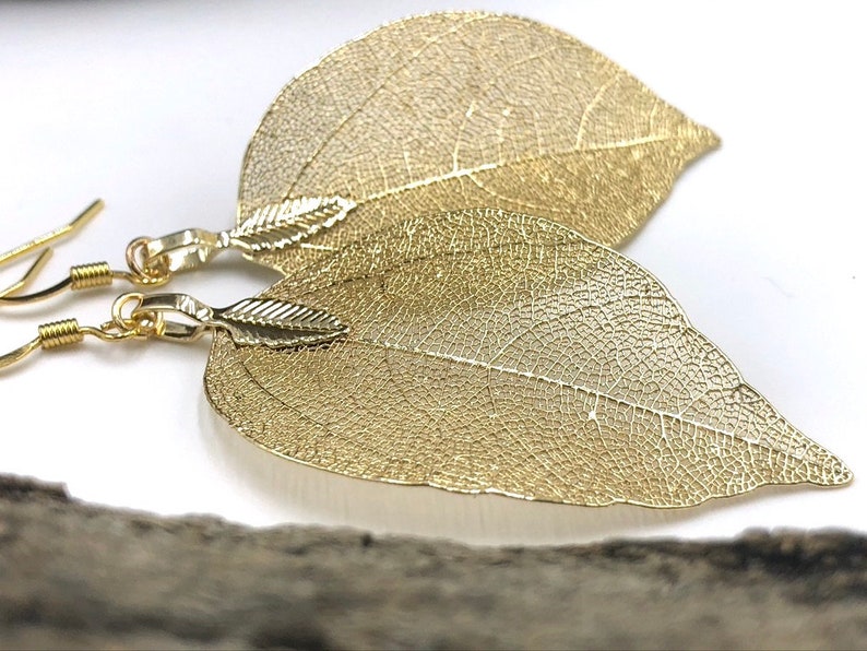 Gold Leaf Earrings, Real Leaf Earrings in Gold, Natural Jewelry, Wedding Jewelry, Gift for Her, Gold Plated Leaf Earrings, Real Gold Leaves image 6