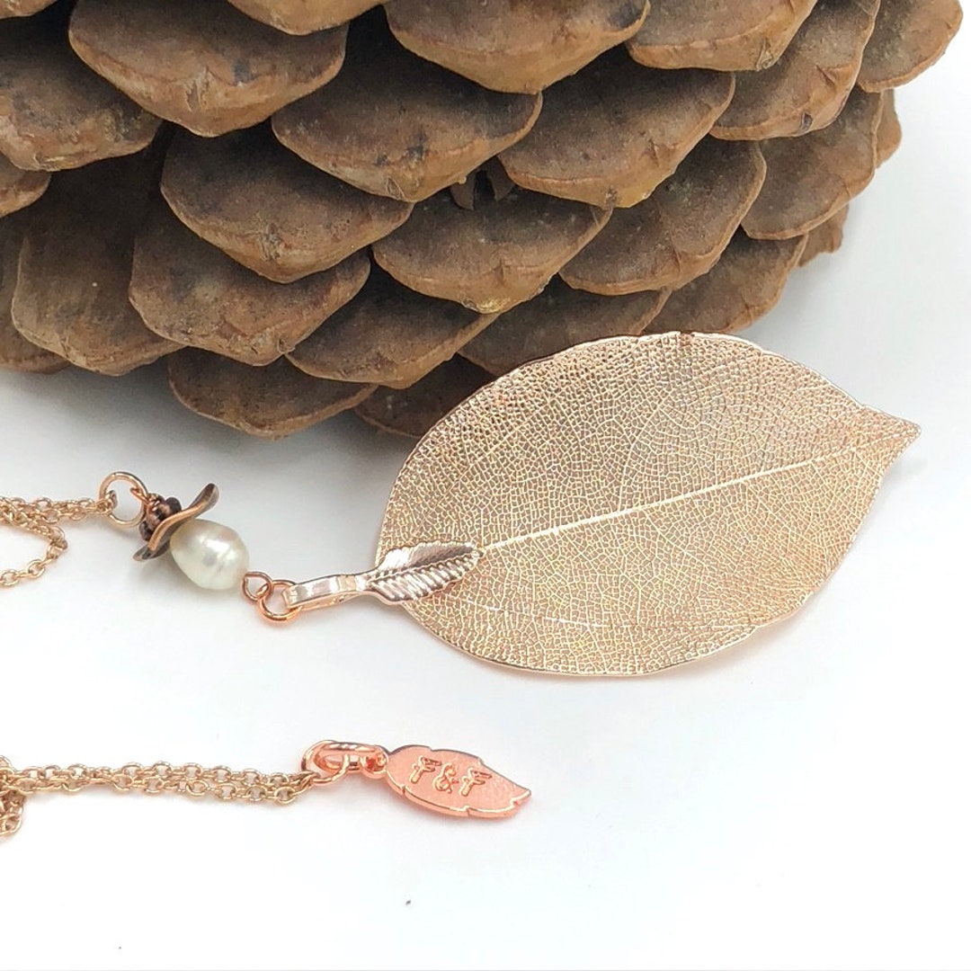 Rose Gold Leaf Necklace, Real Leaf Necklace W/ White Pearl, Pure White