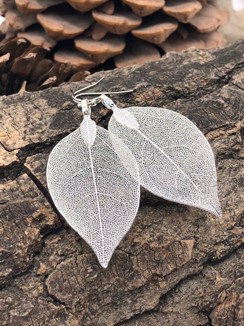 Silver Leaf Earrings, Real Leaf Earrings in Silver, Natural Jewelry, Wedding Jewelry, Gift for Her, Silver Plated Leaf Earrings, Real Leaves image 1