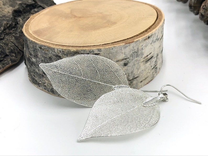 Silver Leaf Earrings, Real Leaf Earrings in Silver, Natural Jewelry, Wedding Jewelry, Gift for Her, Silver Plated Leaf Earrings, Real Leaves image 4