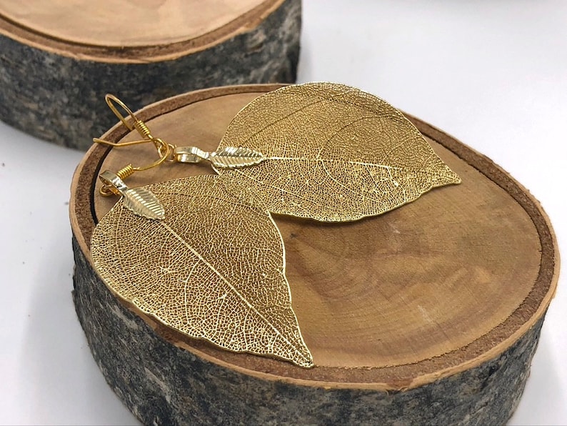 Gold Leaf Earrings, Real Leaf Earrings in Gold, Natural Jewelry, Wedding Jewelry, Gift for Her, Gold Plated Leaf Earrings, Real Gold Leaves image 5