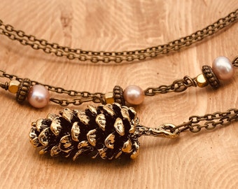 Pinecone Necklace, Pink Pearls,  Pinecone Jewelry, Long Pinecone Necklace, Large Pinecone, Pinecone Pendant,  Handmade, Gift for her,