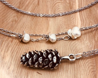 Silver Pinecone Necklace w/ White Pearl, Pinecone Jewelry, Silver Pine Cone, Acorn Necklace, Large Pinecone Pendant, Handmade Pinecone