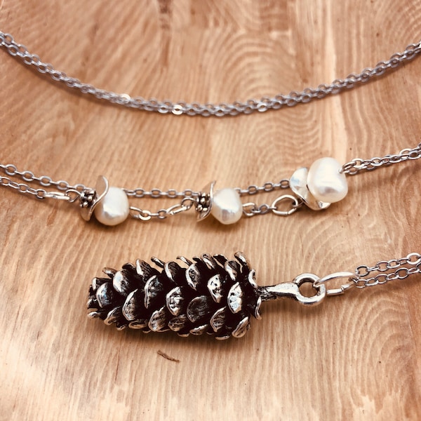 Silver Pinecone Necklace w/ White Pearl, Pinecone Jewelry, Silver Pine Cone, Acorn Necklace, Large Pinecone Pendant, Handmade Pinecone