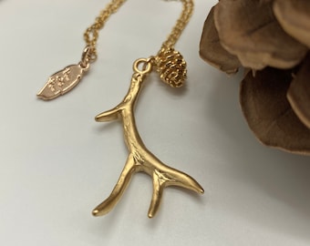 Gold Elk Antler Necklace, Deer Antler Pendant, Gold Antler Charm, Deer Antler Necklace, Elk Antler Pendant, Gold Antler Pendant Necklace,
