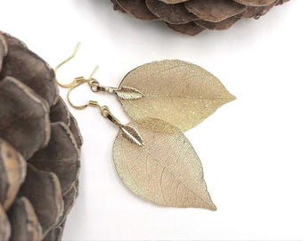 Real Leaf Earrings in Gold, Gold Plated Leaves, Nature Inspired, Natural, Gold Leaf, Gift for Mom, Leaf Jewelry, Gold Leaf Earrings, Real