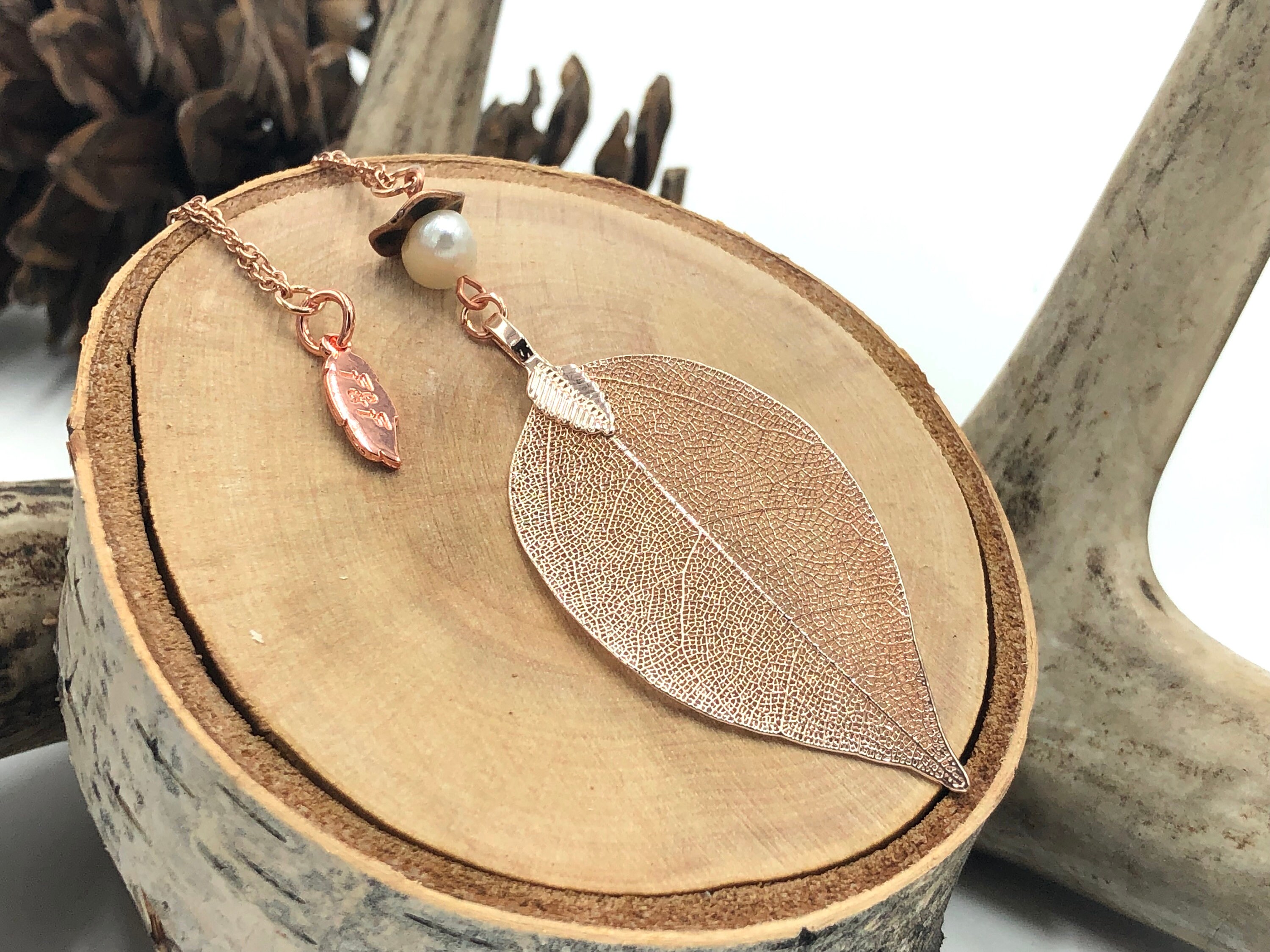 Rose Gold Leaf Necklace Real Leaf Necklace W/ White Pearl Etsy