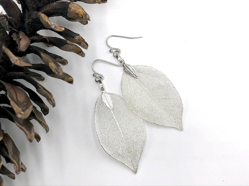 Silver Leaf Earrings, Real Leaf Earrings in Silver, Natural Jewelry, Wedding Jewelry, Gift for Her, Silver Plated Leaf Earrings, Real Leaves image 2