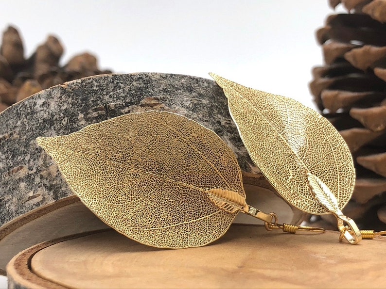 Gold Leaf Earrings, Real Leaf Earrings in Gold, Natural Jewelry, Wedding Jewelry, Gift for Her, Gold Plated Leaf Earrings, Real Gold Leaves image 4