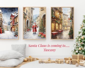 Père Noël en Toscane/Art mural 3 pièces/peinture à l'huile imprimable numérique/téléchargement instantané/fichiers numériques/rue de Noël en Toscane/décoration de Noël