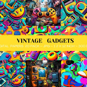 Puede incluir: Un conjunto de 20 papeles digitales con dispositivos vintage en un estilo retro y colorido. Los papeles miden 30,5 cm por 30,5 cm y tienen una resolución de 300 DPI.